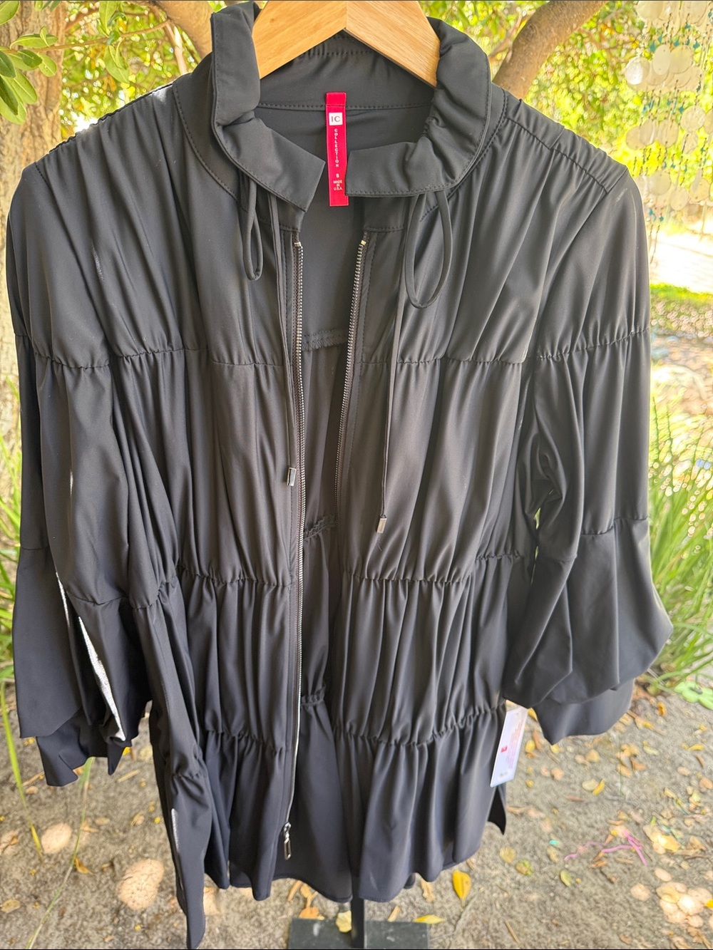 IC COLLECTION Black Ruched Drawstring Zip Jacket